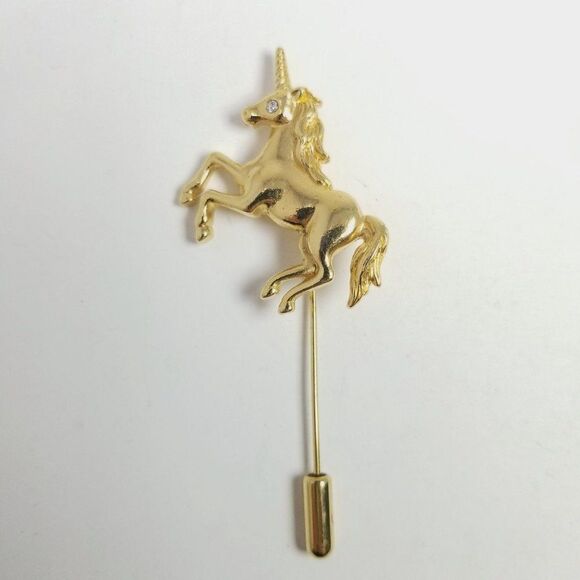 Vintage Unicorn Stick Pin, Gold Tone Rhinestone Eye Magical Creature Brooch - Picture 6 of 7